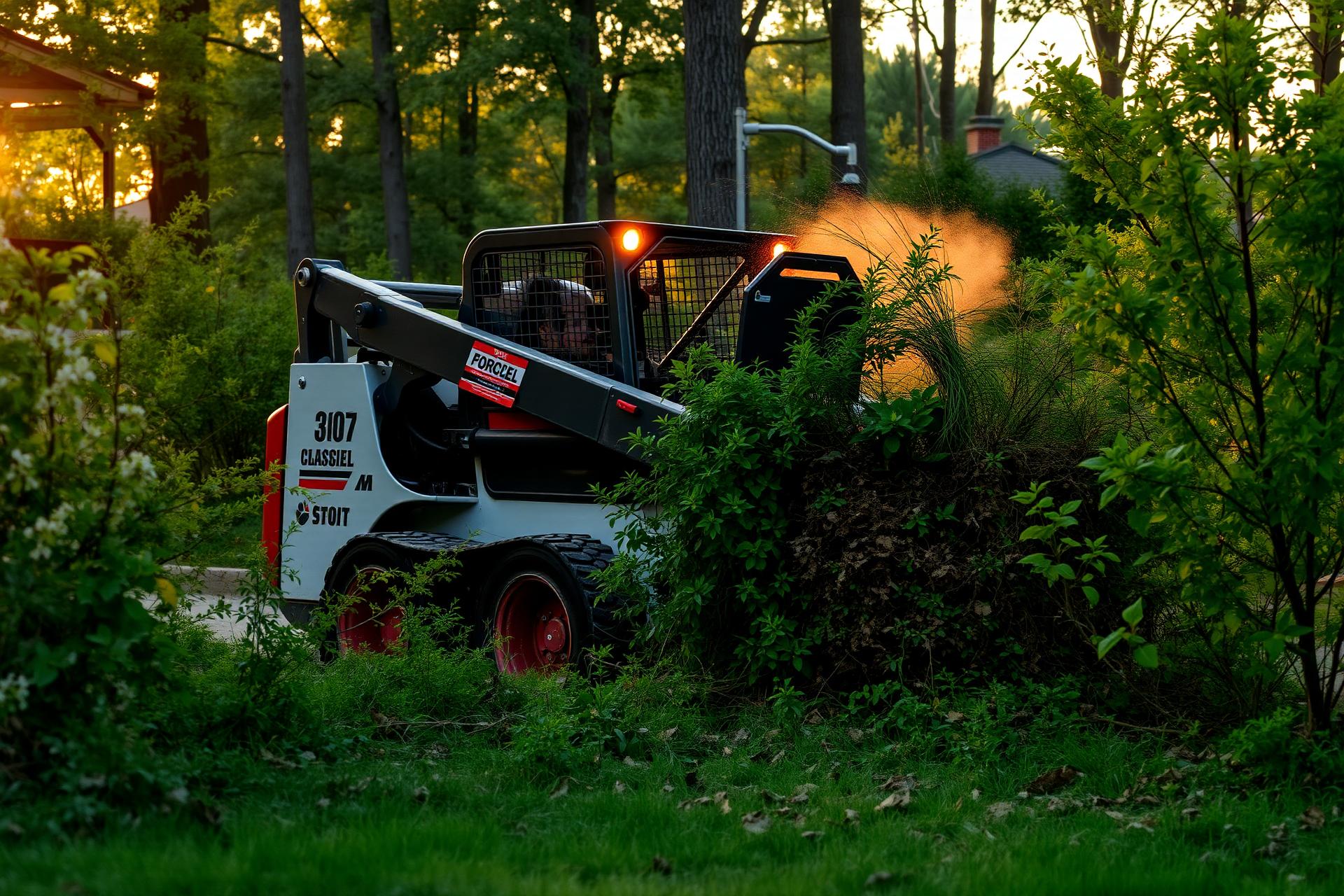 Skid steer forestry mulcher clearing dense brush on a residential property